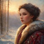 Девушка на закате в зимнем лесу