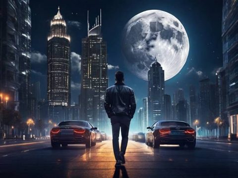 Небоскрёбы на фоне Луны