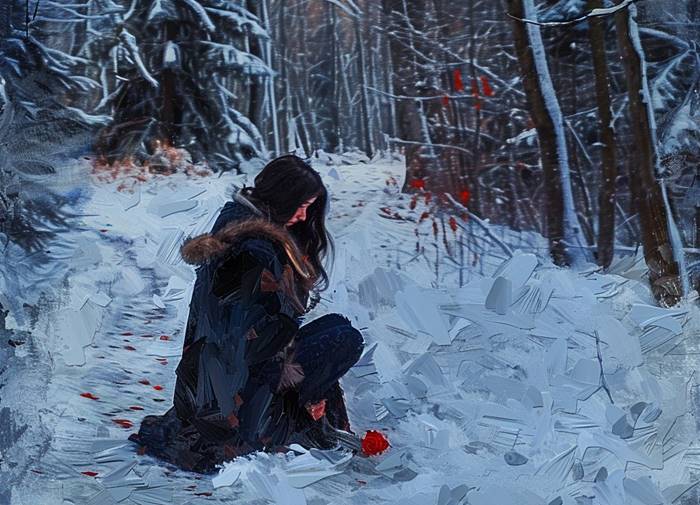 Девушка с цветами в зимнем лесу