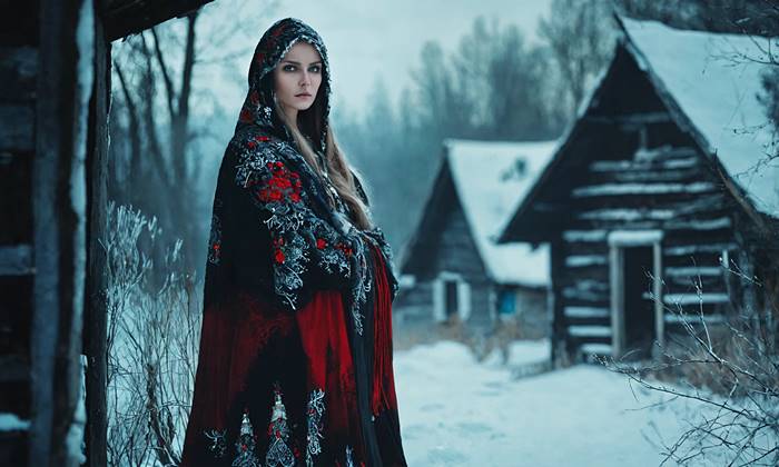 Женщина в глухой деревне зимой