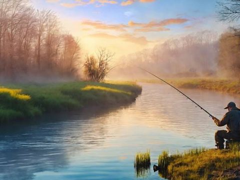 Рыбак на реке в апреле