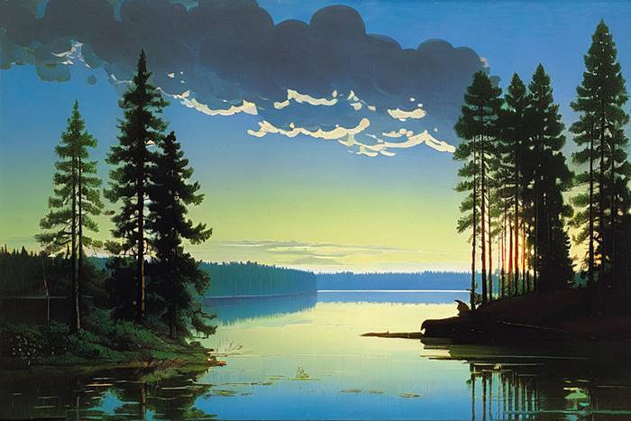 Утренний пейзаж на лесном озере