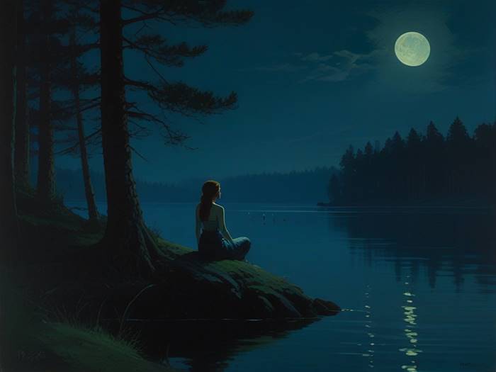 Русалка на берегу реки в лунную ночь