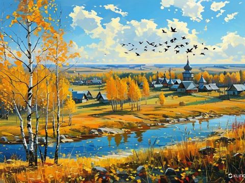 Осенний пейзаж с деревней у реки