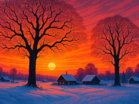 Русская деревня в декабре, красивый закат