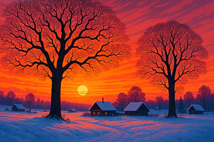 Русская деревня в декабре, красивый закат