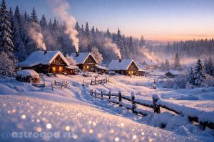 Русская деревня зимний пейзаж на закате