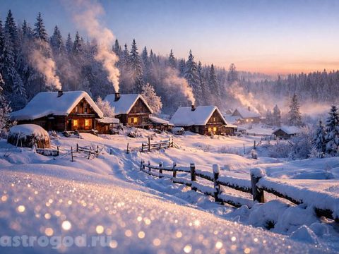 Русская деревня зимний пейзаж на закате
