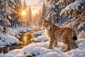 Рысь в зимнем лесу арт иллюстрация