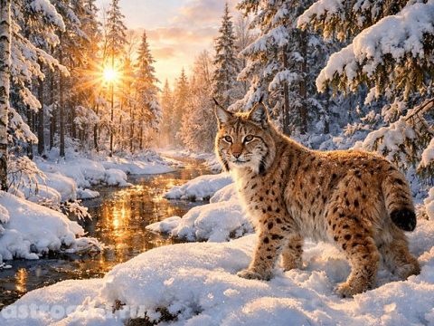 Рысь в зимнем лесу арт иллюстрация