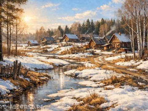 Мартовский пейзаж на краю деревни