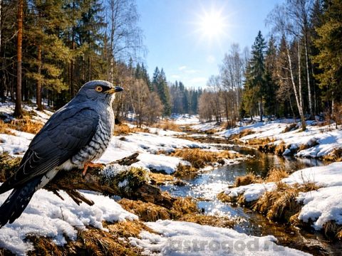 Кукушка в лесу, весна, март