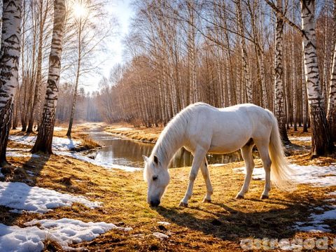 Белая лошадь в берёзовой роще