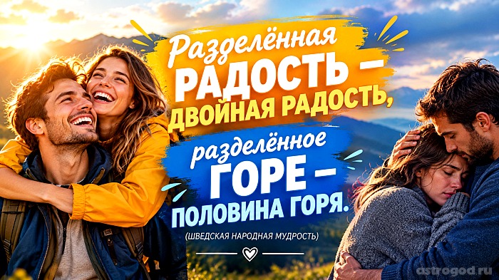 Разделённая радость - двойная радость, разделённое горе - половина горя (шведская народная мудрость)