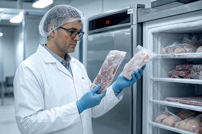 Специалист сравнивает качество замороженных продуктов из шкафа шоковой заморозки и обычной морозильной камеры на российском предприятии